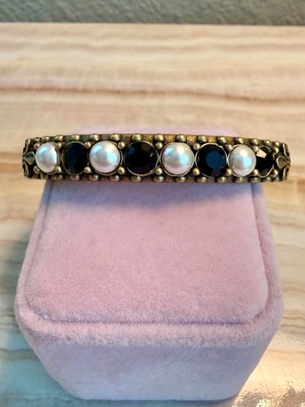French Kande Antique Brass Bangle With Swarovski Jet Crystals & Pearls